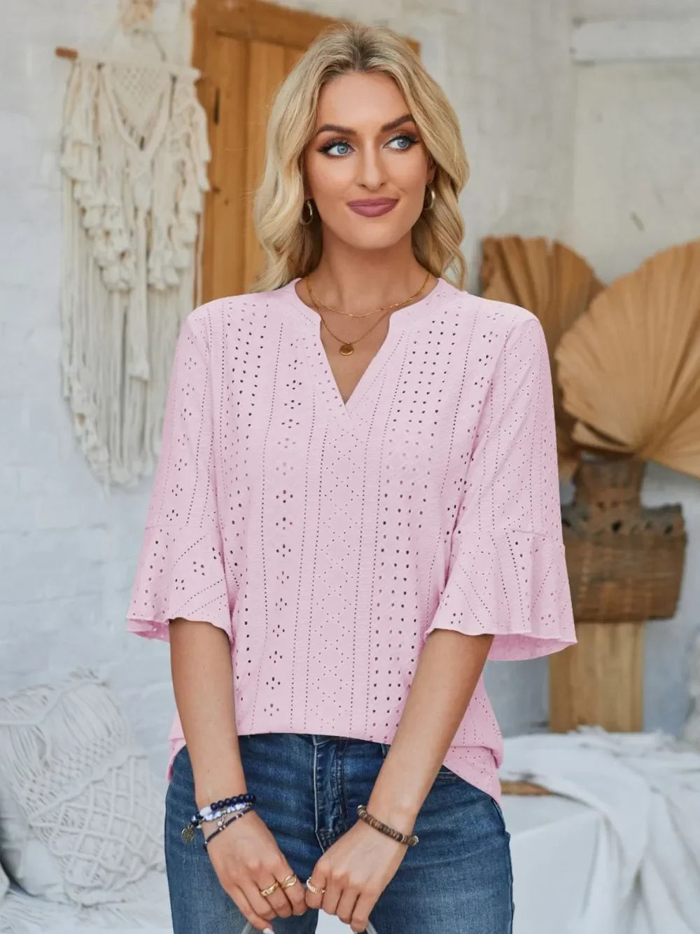 Eyelet Notched Half Sleeve T Shirt With Opaque Design - Southern Shores Clothing
