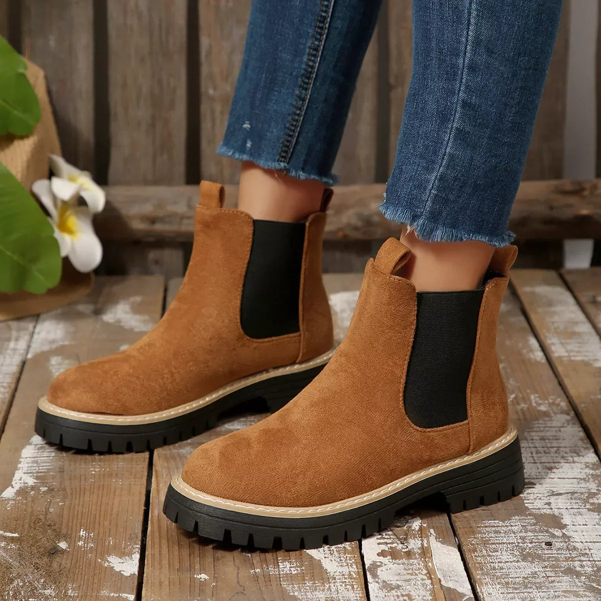 Round Toe Block Heel Boots Suede And Rubber - Southern Shores Clothing