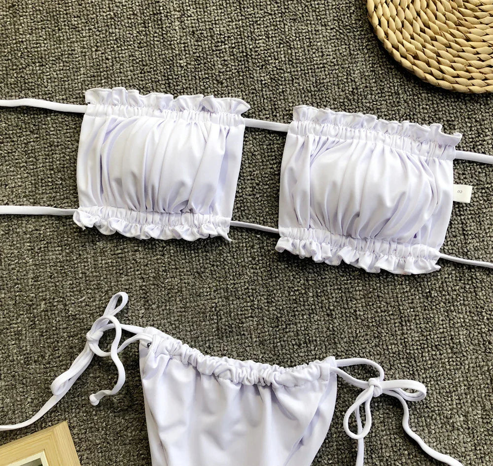 Frill Trim Ruched Bikini Set With Removable Padding - Southern Shores Clothing