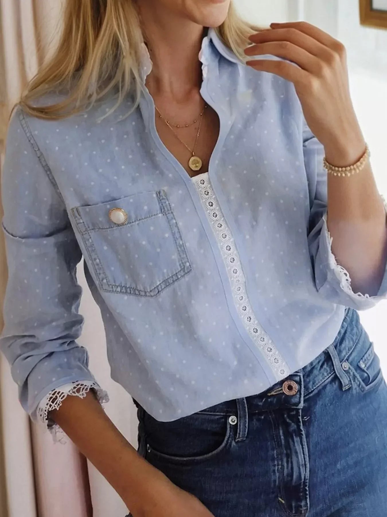 Lace Trim Patchwork Dotted Print Collared Blouse - Southern Shores Clothing