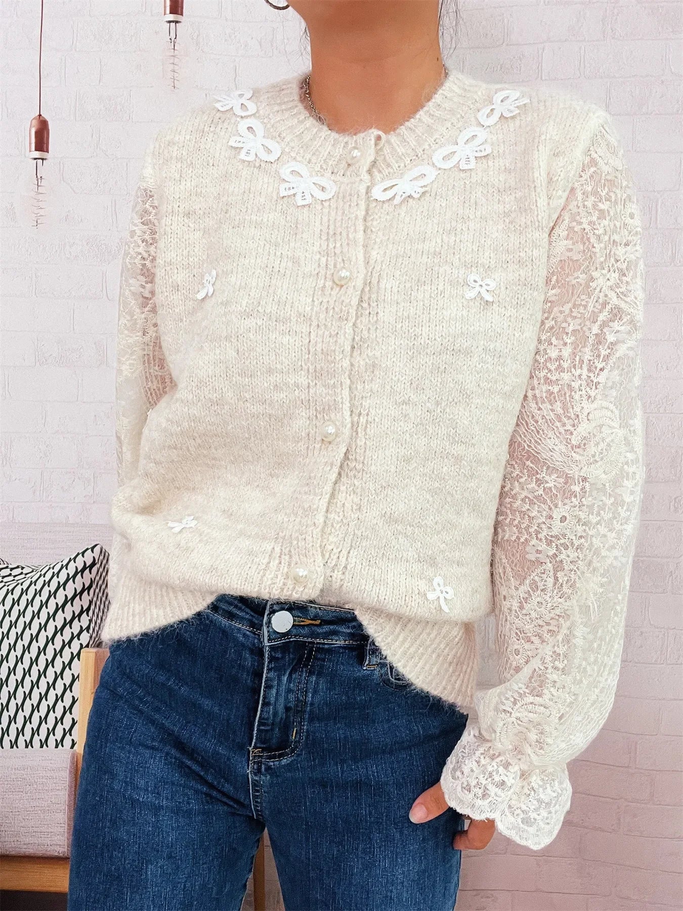 Lace Sleeve Button-Up Cardigan With Ruffled Detail - Southern Shores Clothing