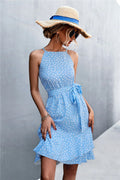 Printed Tie Waist Ruffle Hem Sleeveless Dress - Southern Shores Clothing