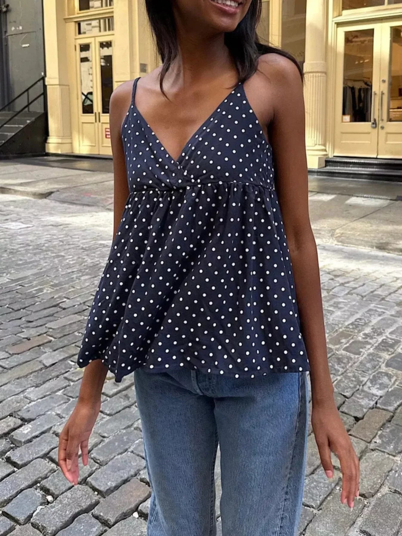 Flowy V Neck Polka Dot Camisole With Adjustable Spaghetti Straps - Southern Shores Clothing