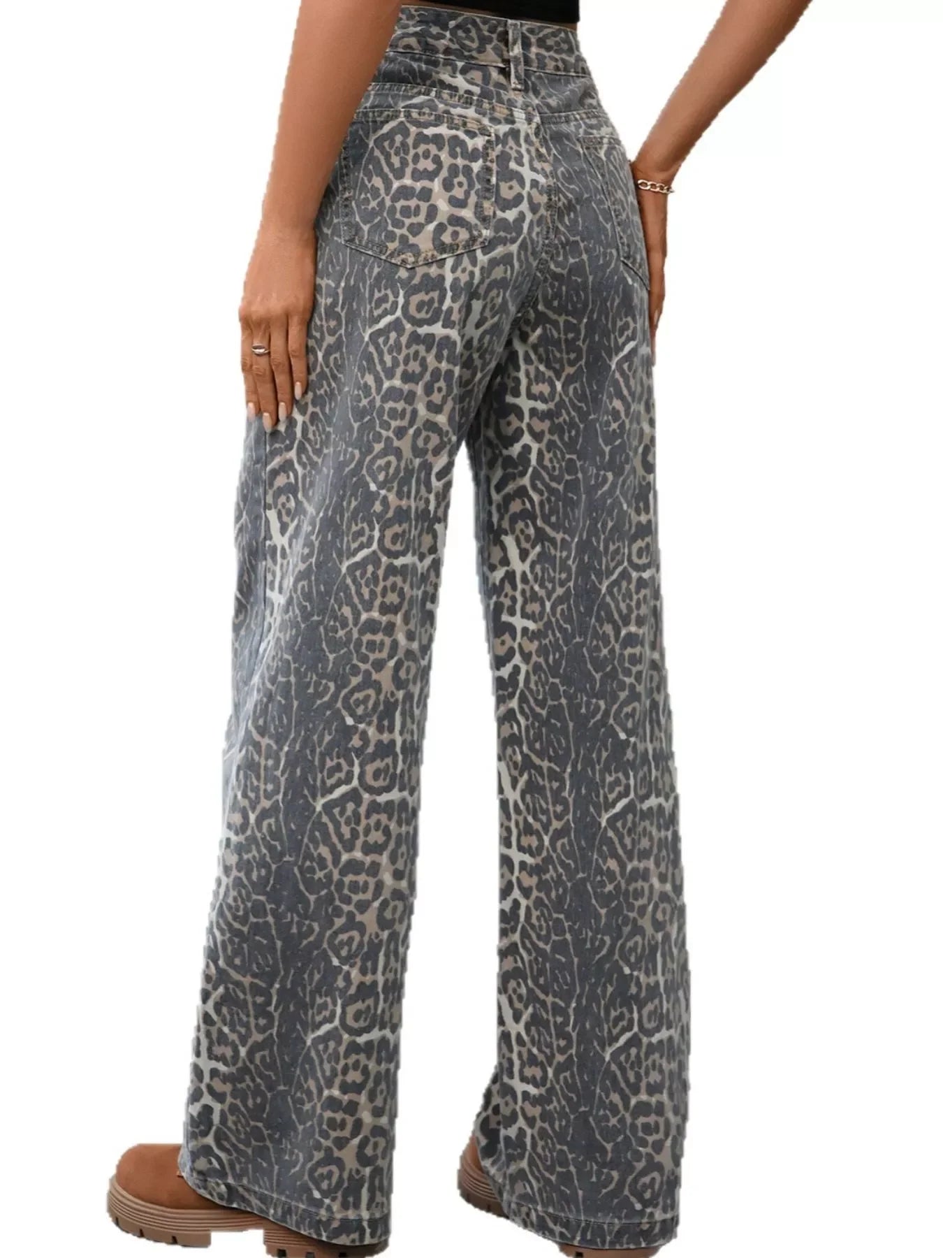 Leopard Print Wide Leg High Waist Denim Jeans - Southern Shores Clothing