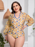 Plus Size Floral Open Back Long Sleeve Swimsuit - Southern Shores Clothing
