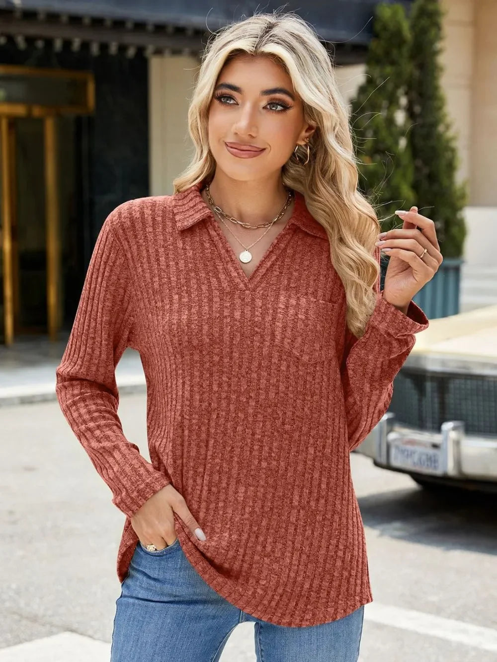 Ribbed Johnny Collar Pocketed Long Sleeve T Shirt - Southern Shores Clothing