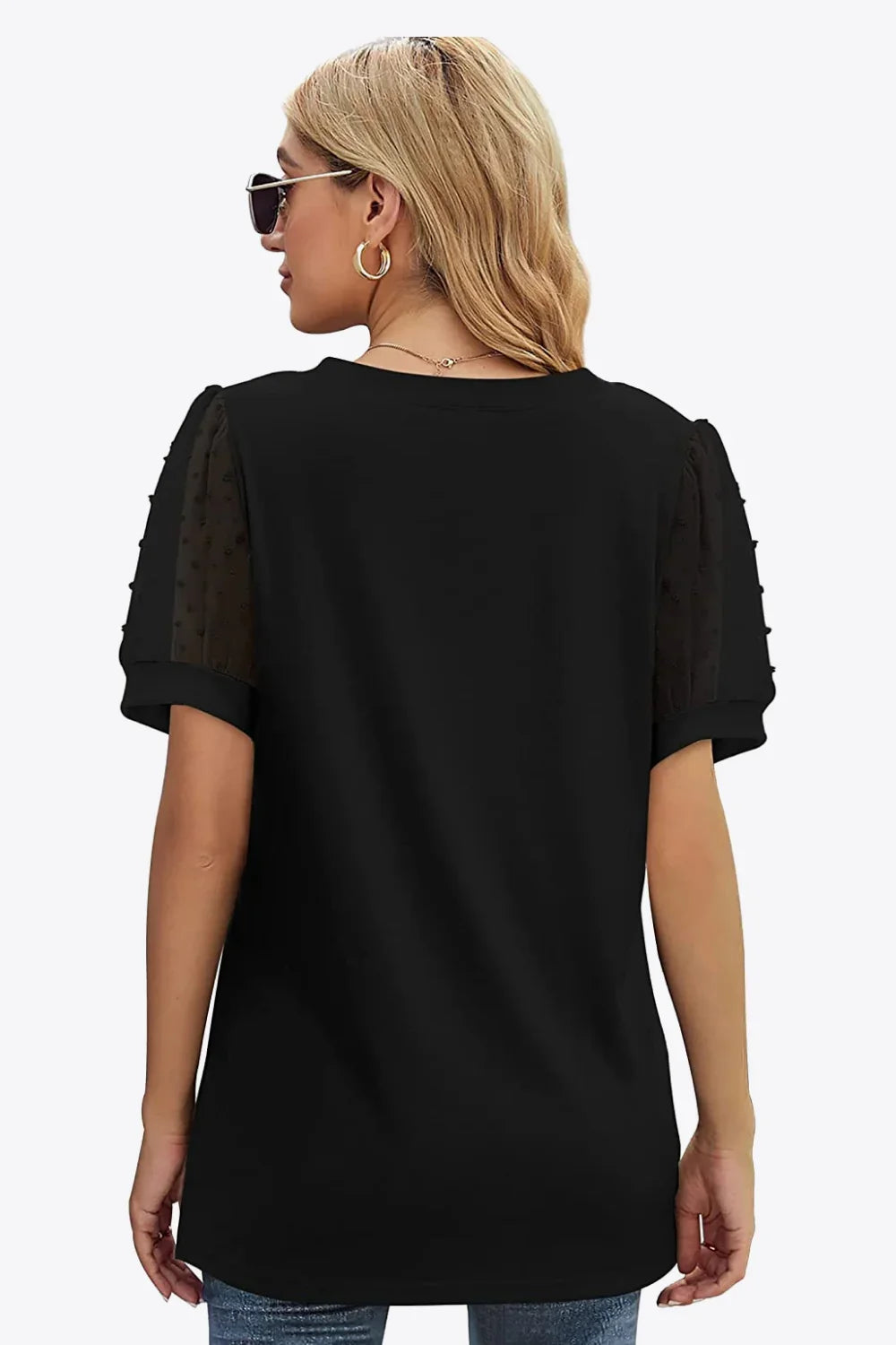 Swiss Dot Puff Sleeve V-Neck Tee With Dot Detailing - Southern Shores Clothing