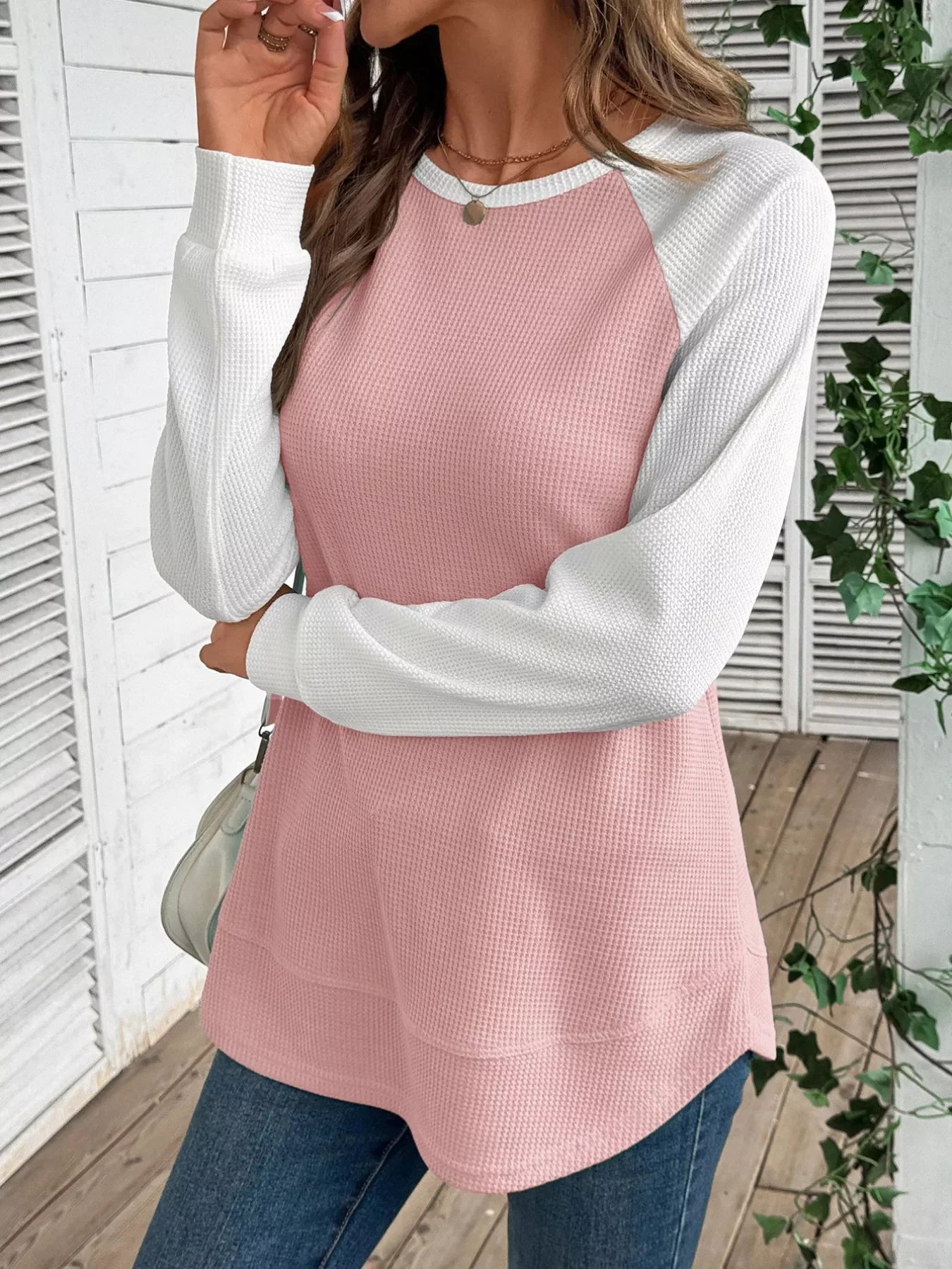 Contrast Raglan Sleeves Waffle Knit T Shirt - Southern Shores Clothing