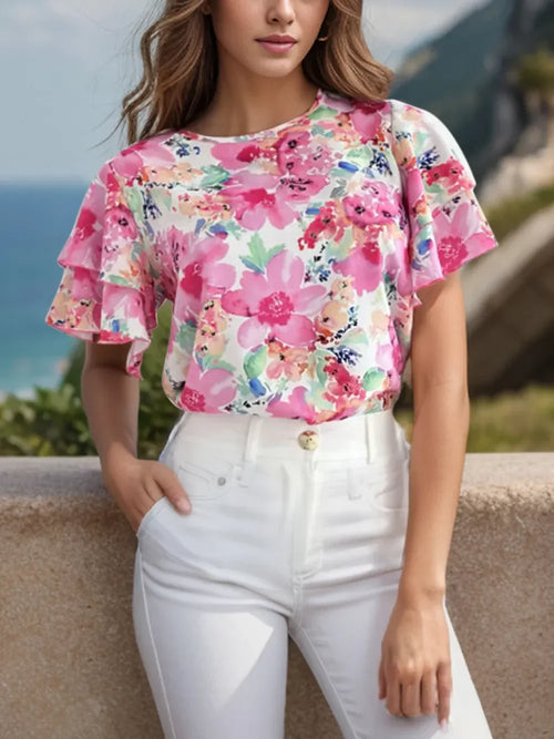 Floral Round Neck Flutter Sleeve Blouse Lightweight - Southern Shores Clothing