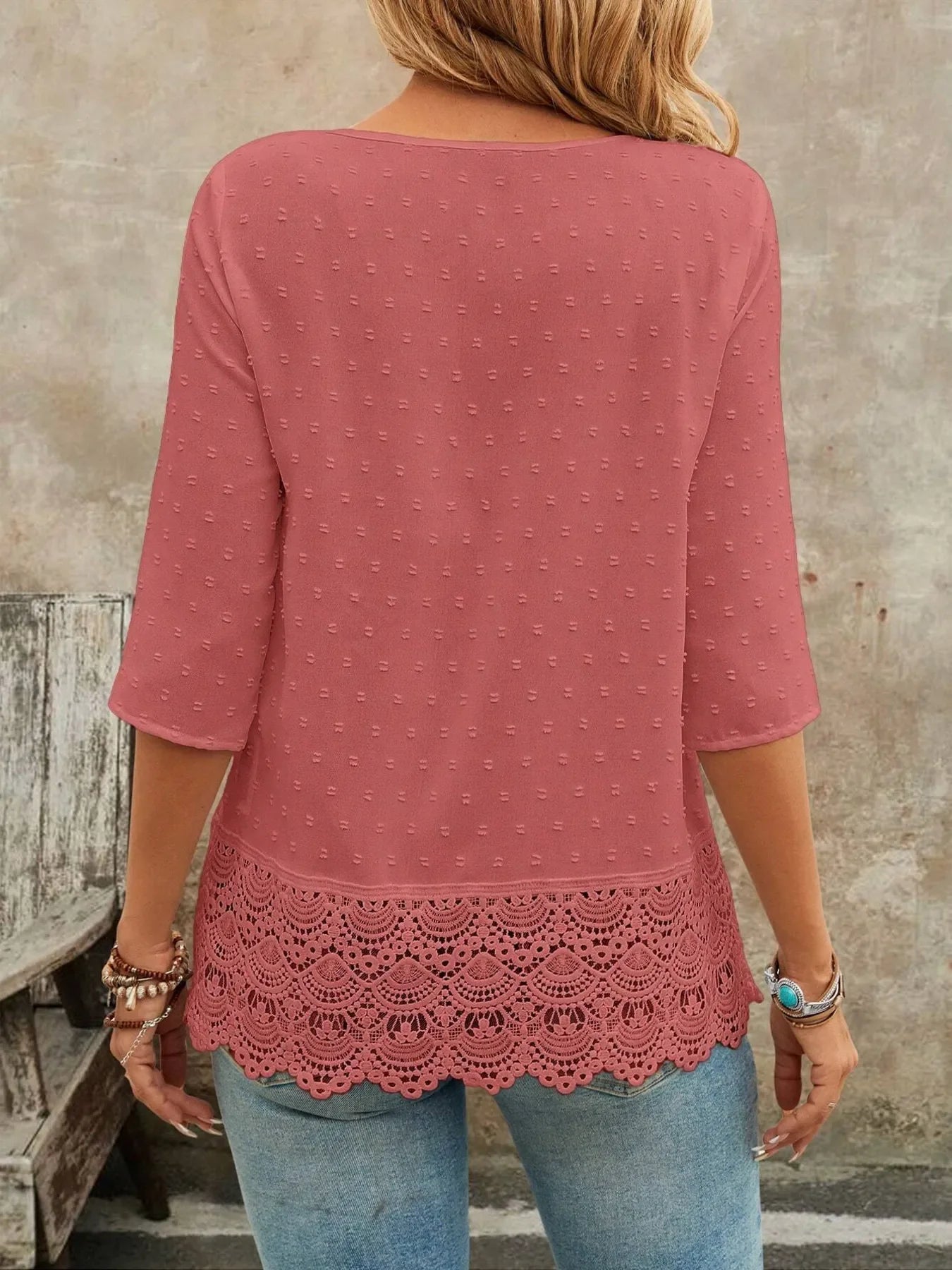 V-Neck Lace Hem Blouse With Decorative Button - Southern Shores Clothing