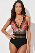 Printed Mesh Plunge One Piece Swimsuit - Southern Shores Clothing