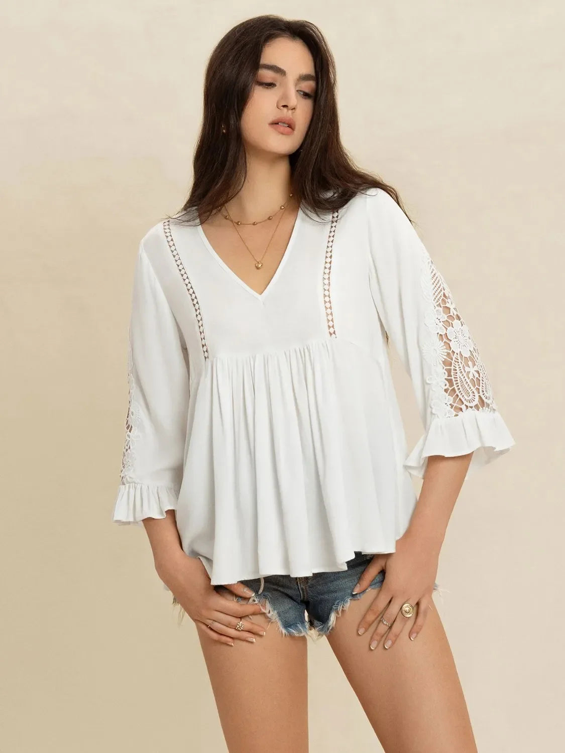 V-Neck Lace Flounce Sleeve Top With Cutout Details And Lace Trim - Southern Shores Clothing