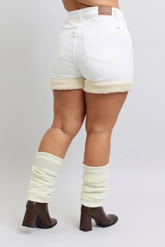 High Waist Shearling Cuff Denim Shorts Plus Size - Southern Shores Clothing