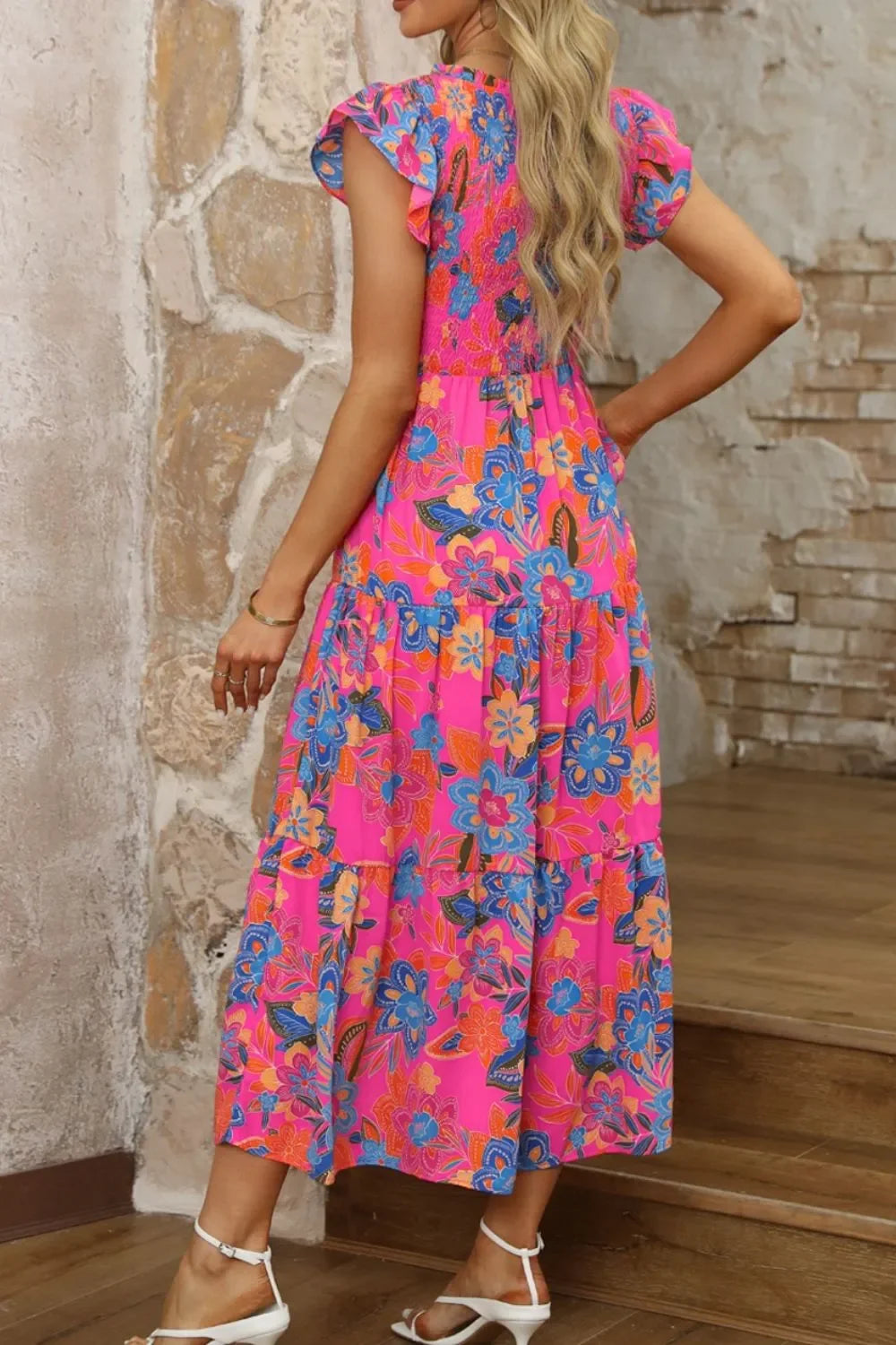 Boho Floral V-Neck Ruffle Tiered Flutter Sleeve Maxi Dress - Southern Shores Clothing