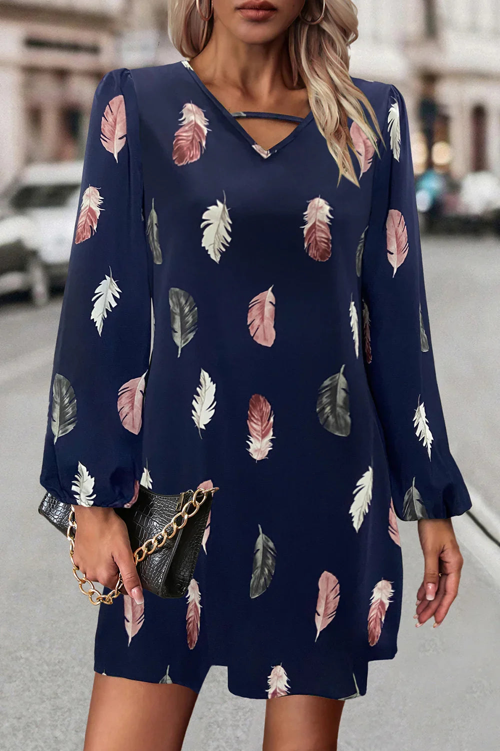 Feather Print V-Neck Dress - Southern Shores Clothing