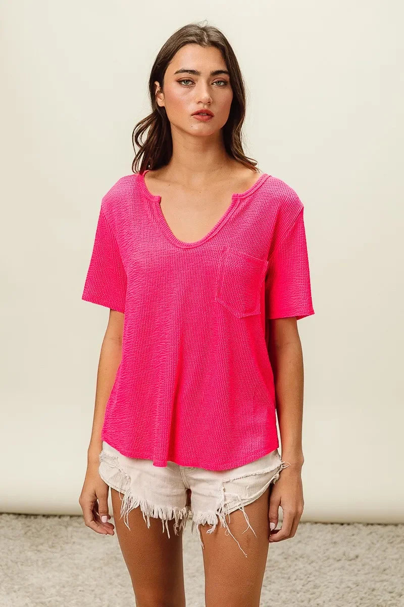 Waved Rib V Neck Top With Front Pocket Relaxed Fit - Southern Shores Clothing