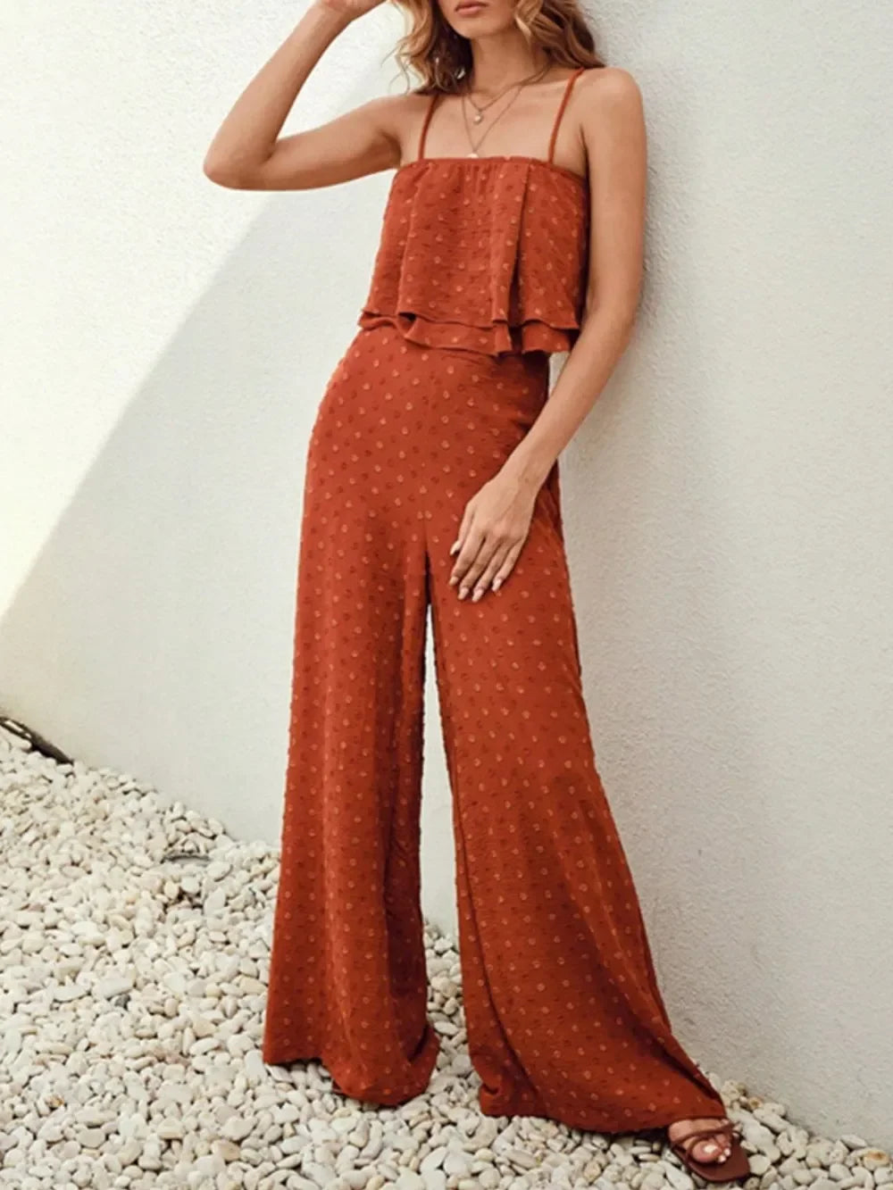 Swiss Dot Layered Cami And Wide Leg Pants Set Polyester Blend - Southern Shores Clothing