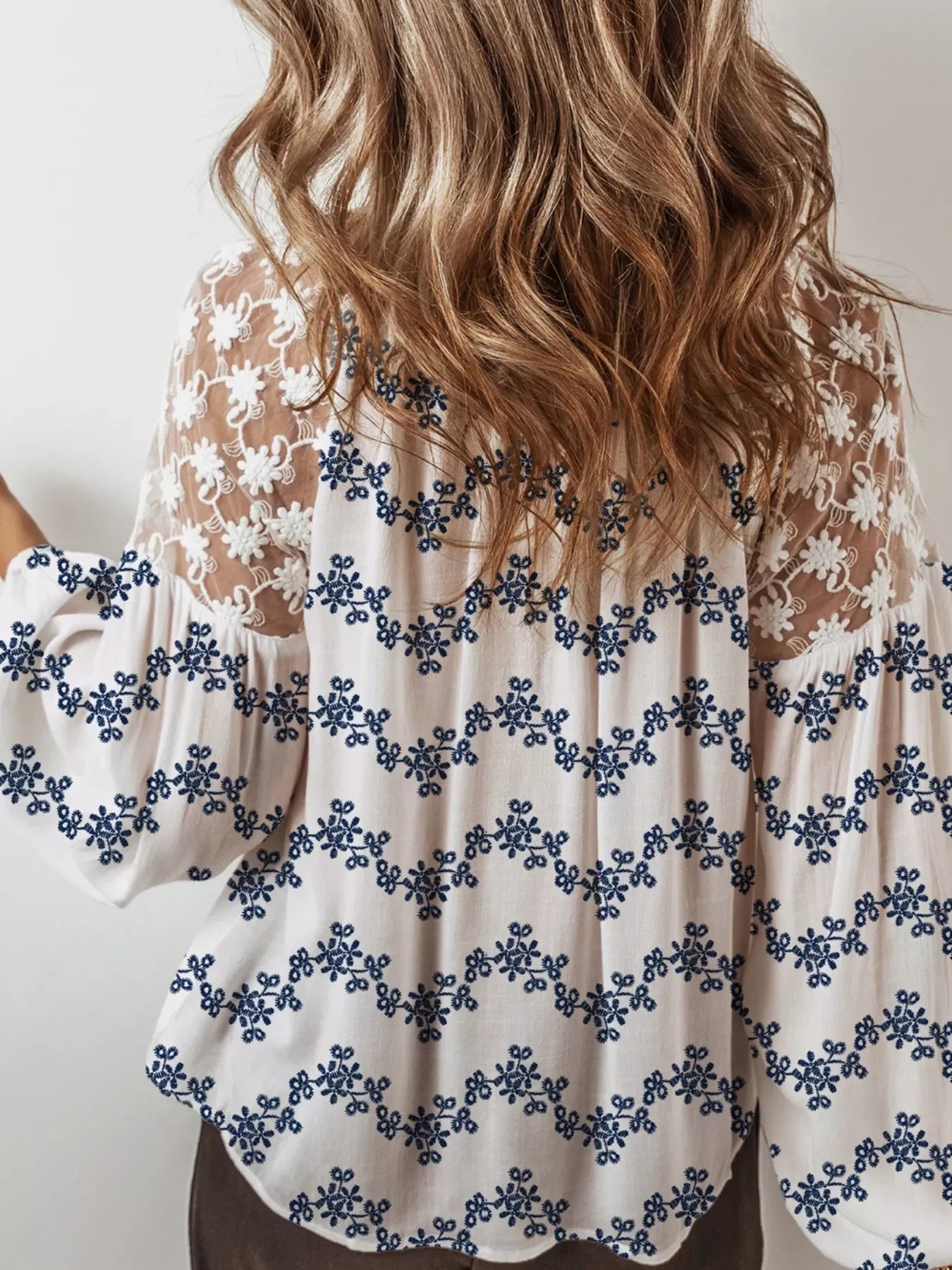 Printed Tie Neck Lace Long Sleeve Blouse Viscose - Southern Shores Clothing