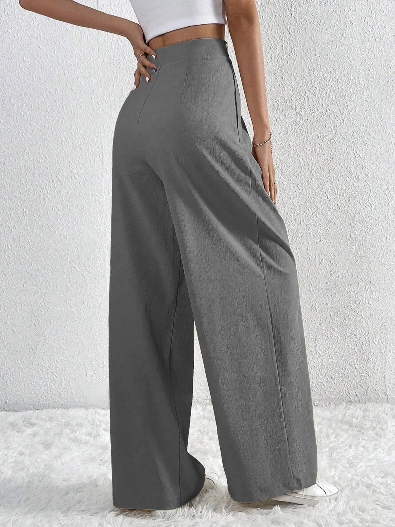 V-Waisted Ruched Front Flowing Wide Leg Pants Casual Wear - Southern Shores Clothing
