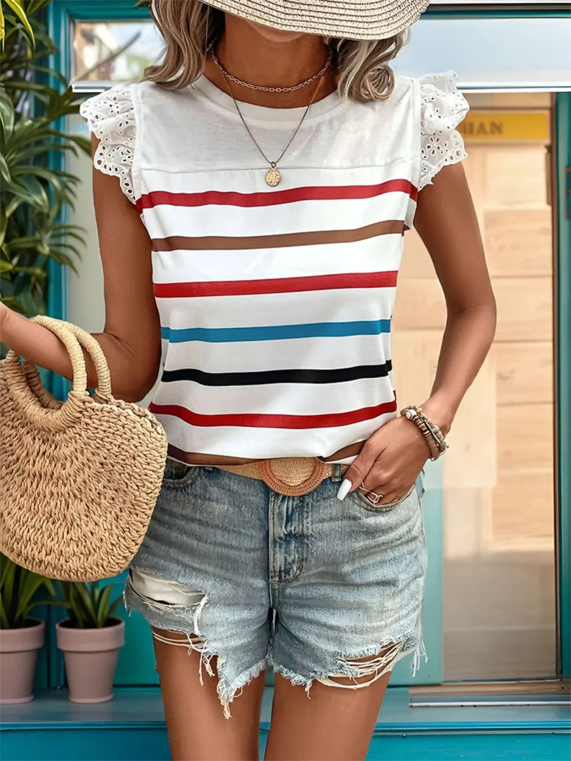 Striped Round Neck Cap Sleeve Lace Detail T Shirt - Southern Shores Clothing