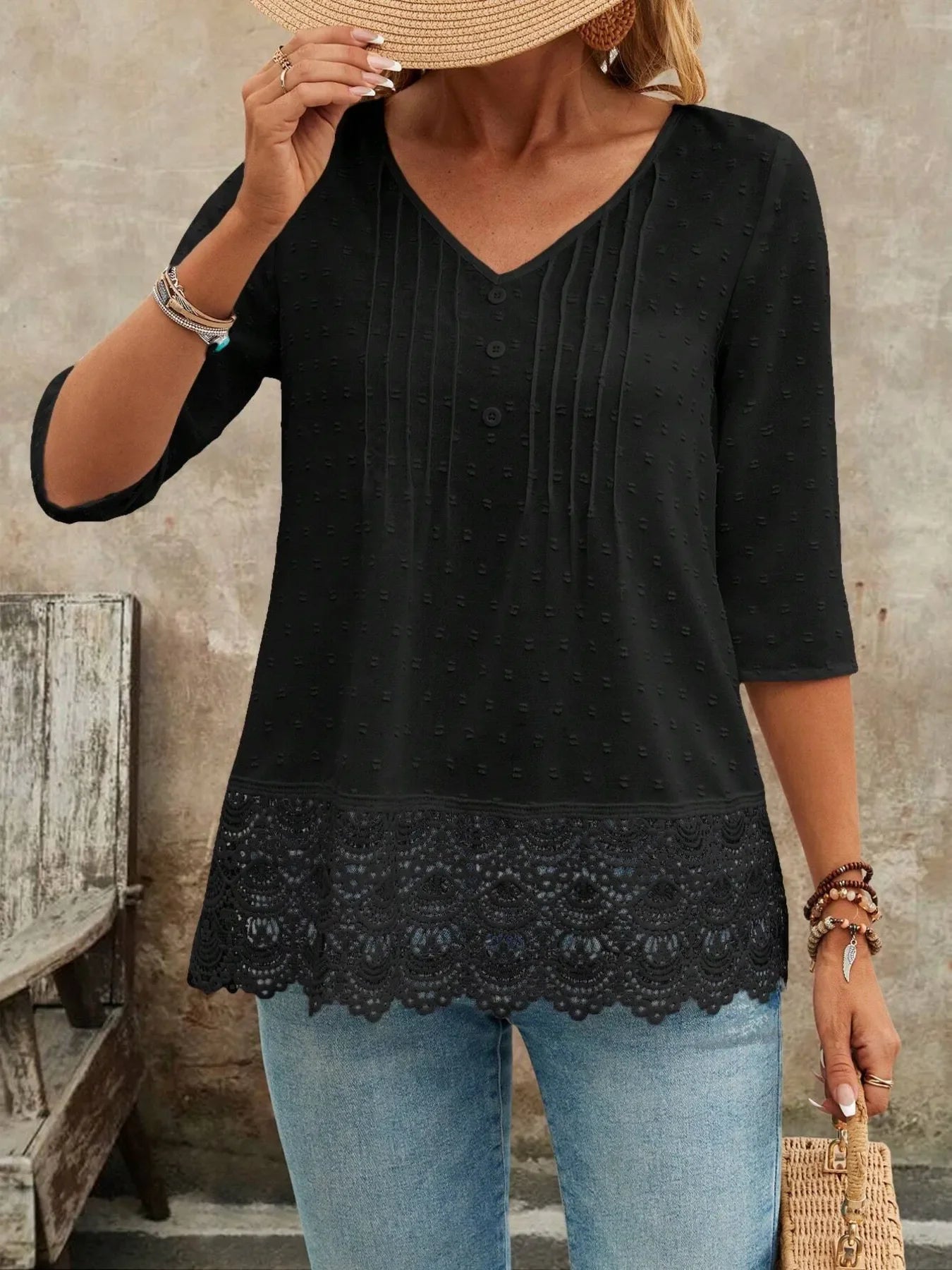 V-Neck Lace Hem Blouse With Decorative Button - Southern Shores Clothing