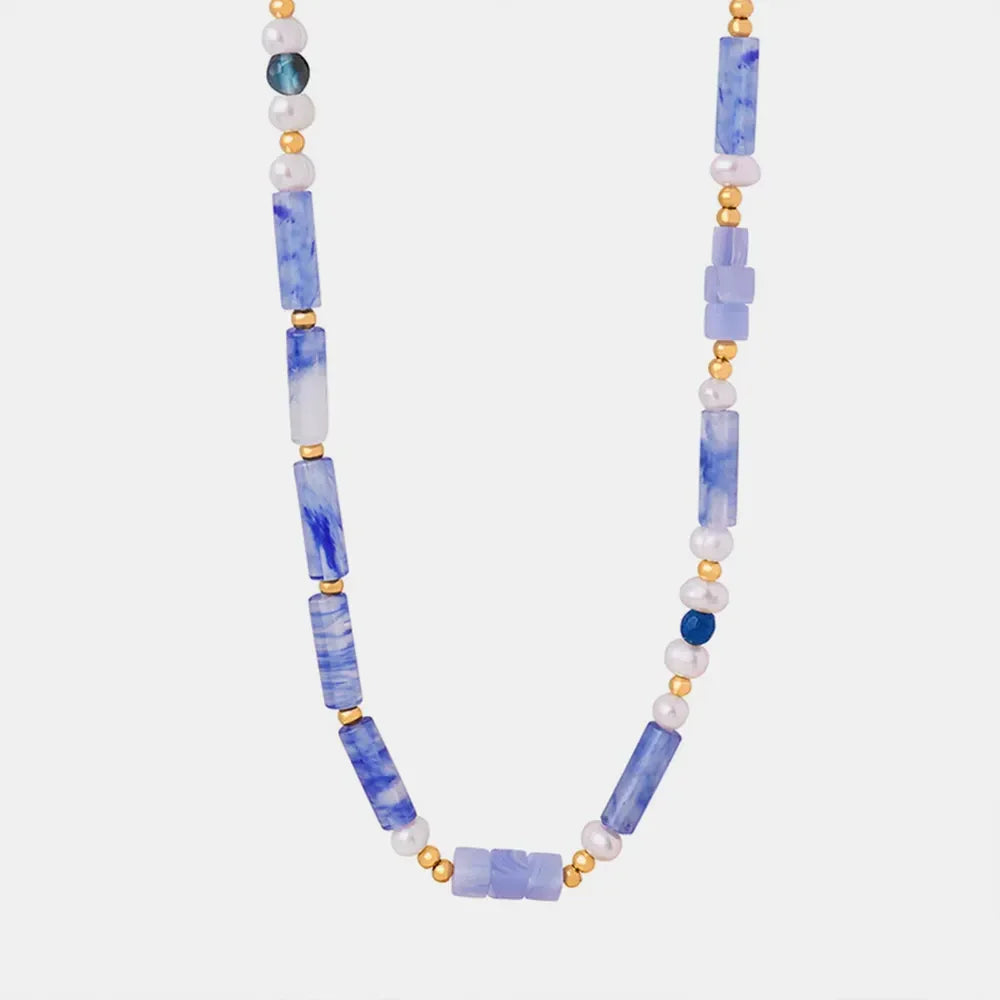Geometric Pearl Necklace Titanium Steel Blue Chalcedony - Southern Shores Clothing
