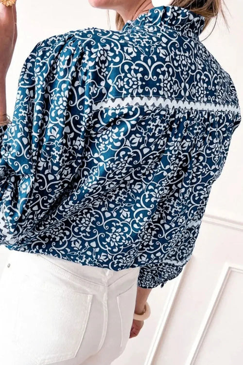 Printed Mock Neck Long Sleeve Blouse With Print - Southern Shores Clothing