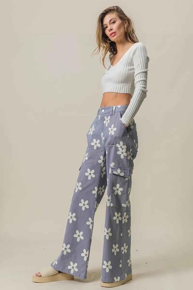 Floral Printed Wide Leg Pants With Pockets - Southern Shores Clothing