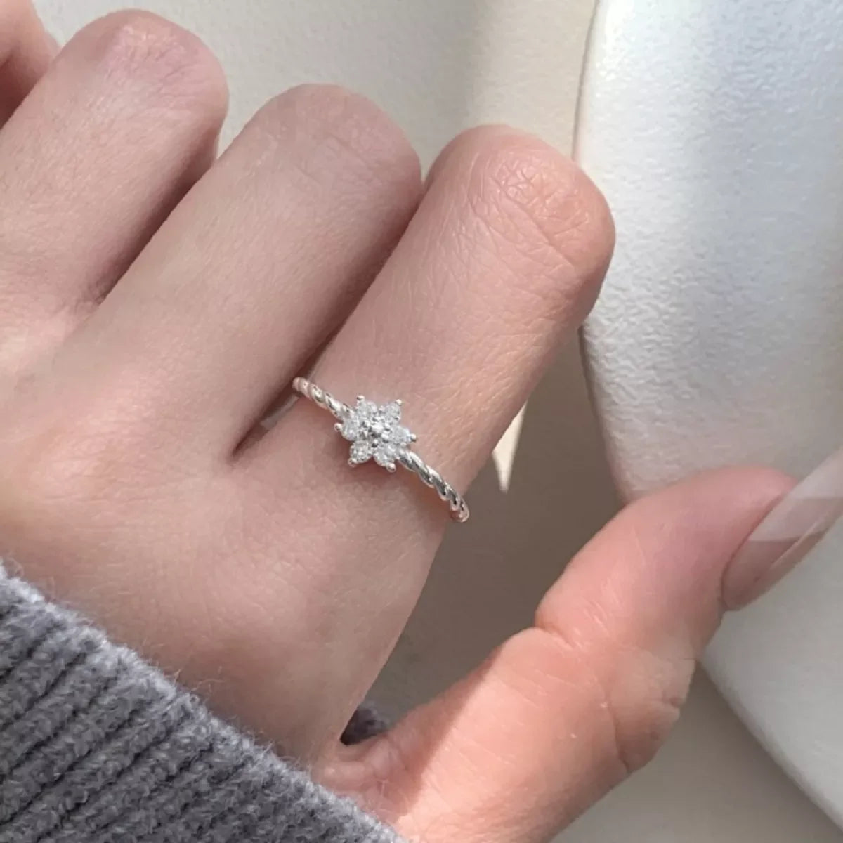 Sterling Silver Zircon Flower Ring With Open Band Design - Southern Shores Clothing