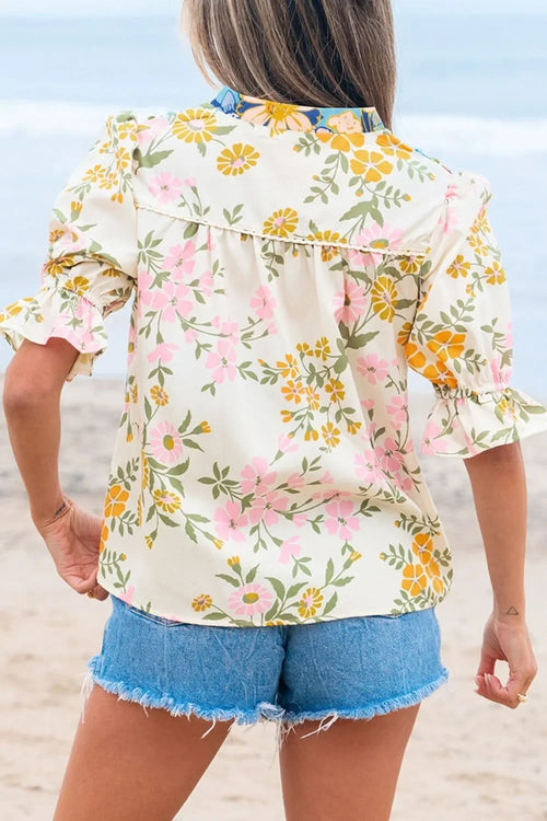 Crochet V Neck Boho Floral Blouse With Half Sleeve Casual - Southern Shores Clothing