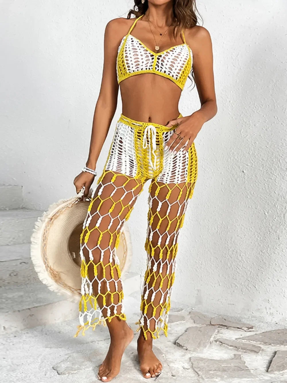 Cutout Crochet Halter Top And Netted Pants Two-Piece Swim Set - Southern Shores Clothing