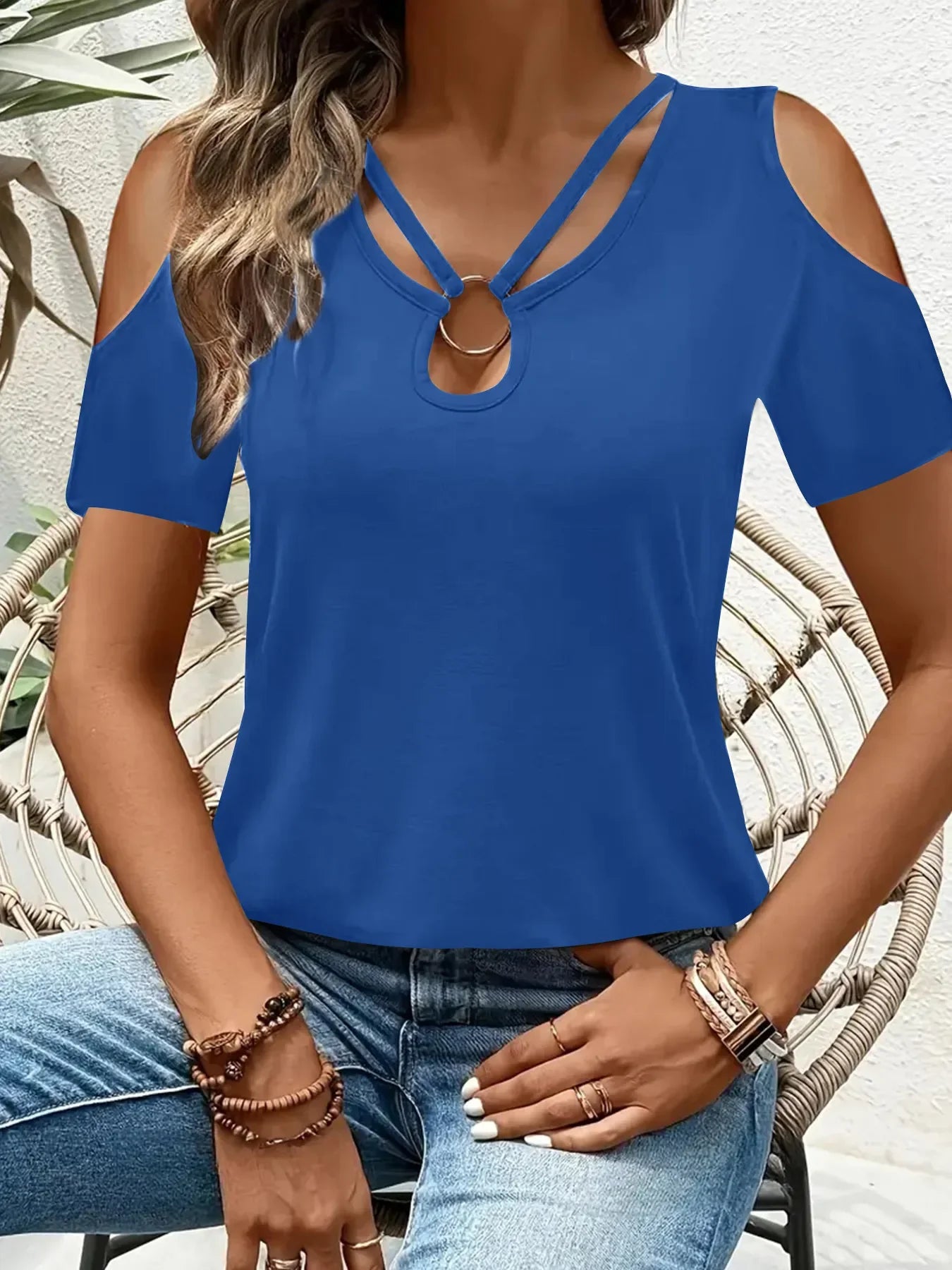 Stretch Cold Shoulder Tee With Metal Ring Detail - Southern Shores Clothing