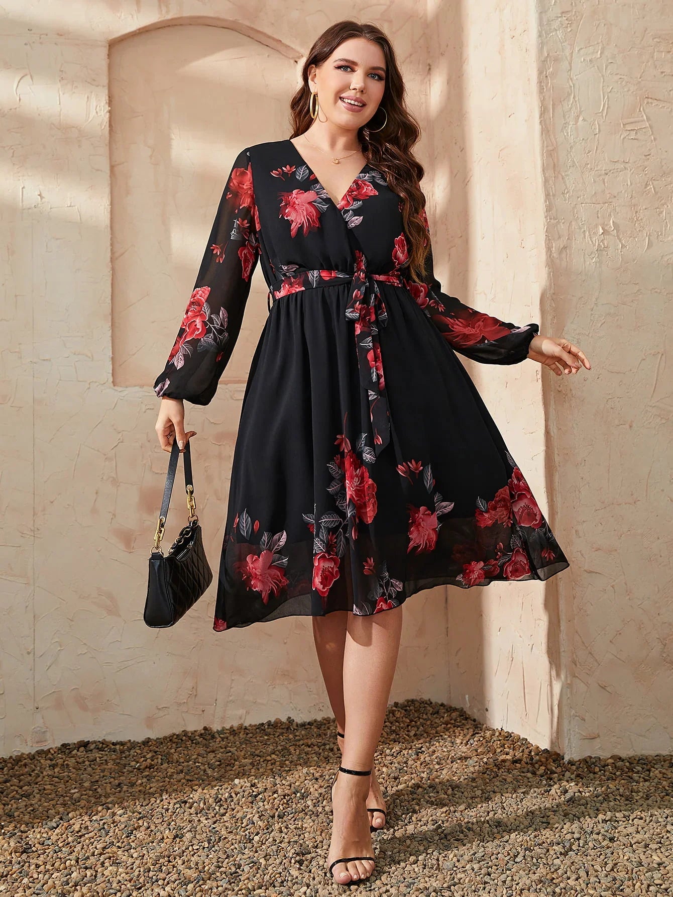 Plus Size Floral Surplice Neck Tie Waist Dress - Southern Shores Clothing