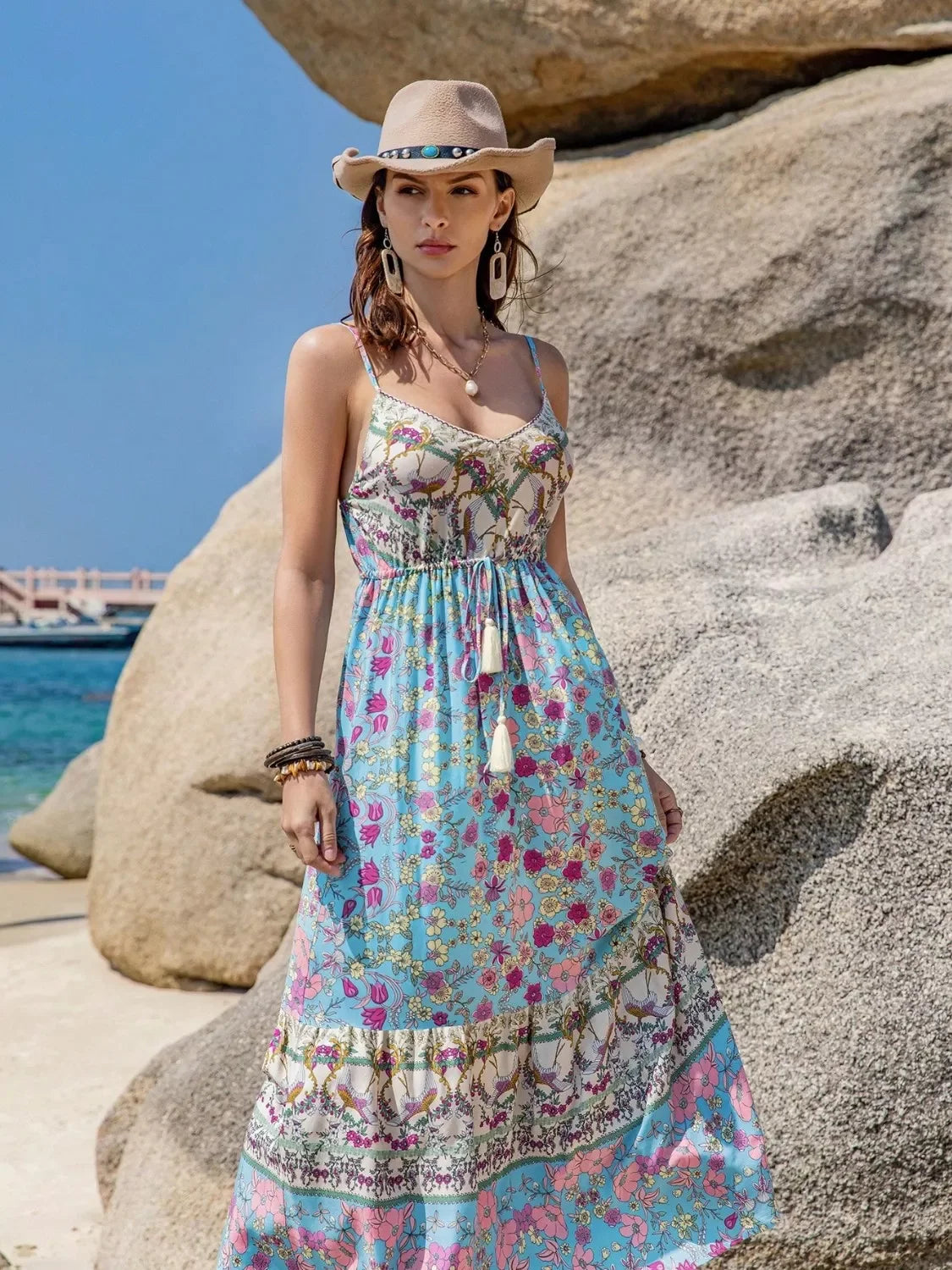 Tassel Floral Print Cami Dress Long Maxi Silhouette Style - Southern Shores Clothing