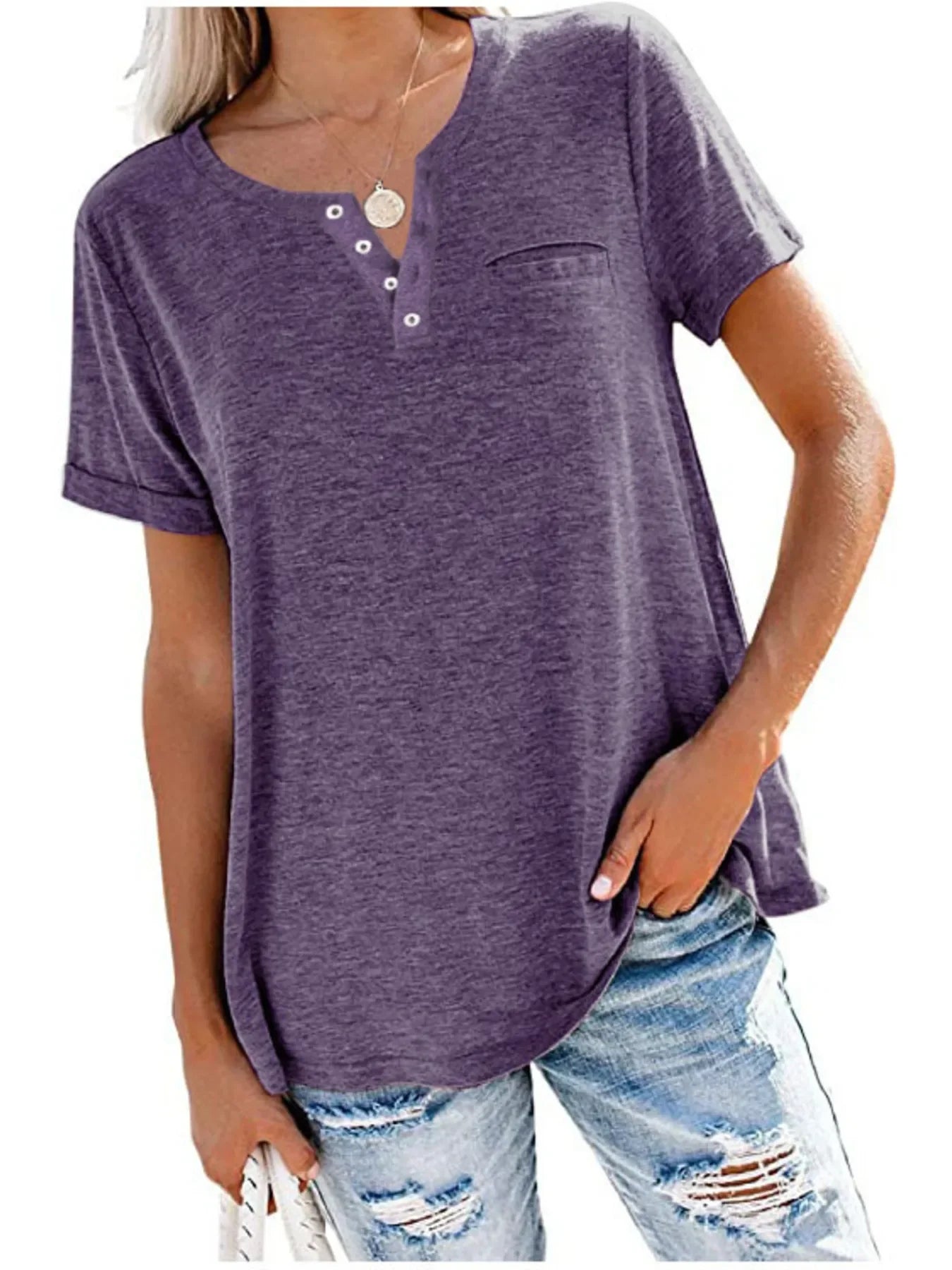 Notched Short Sleeve Plus Size T Shirt Casual Wear - Southern Shores Clothing