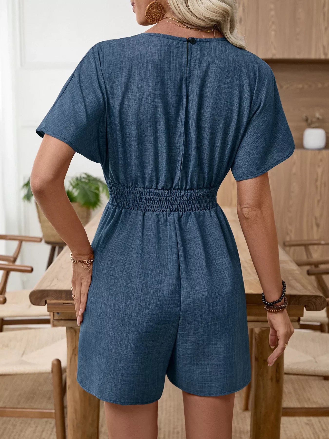 V-Neck Smocked Drawstring Elastic Waist Romper - Southern Shores Clothing