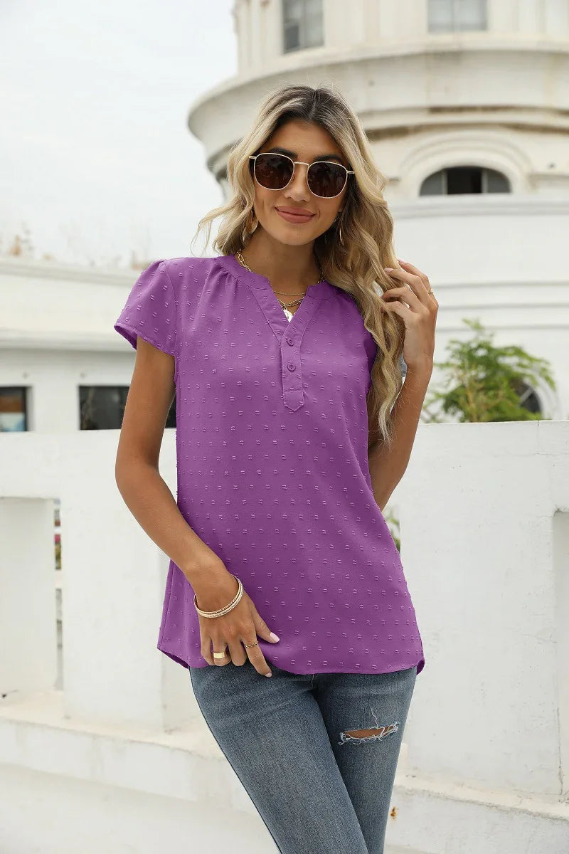 Swiss Dot Notched Neck Short Sleeve Top Casual Wear - Southern Shores Clothing