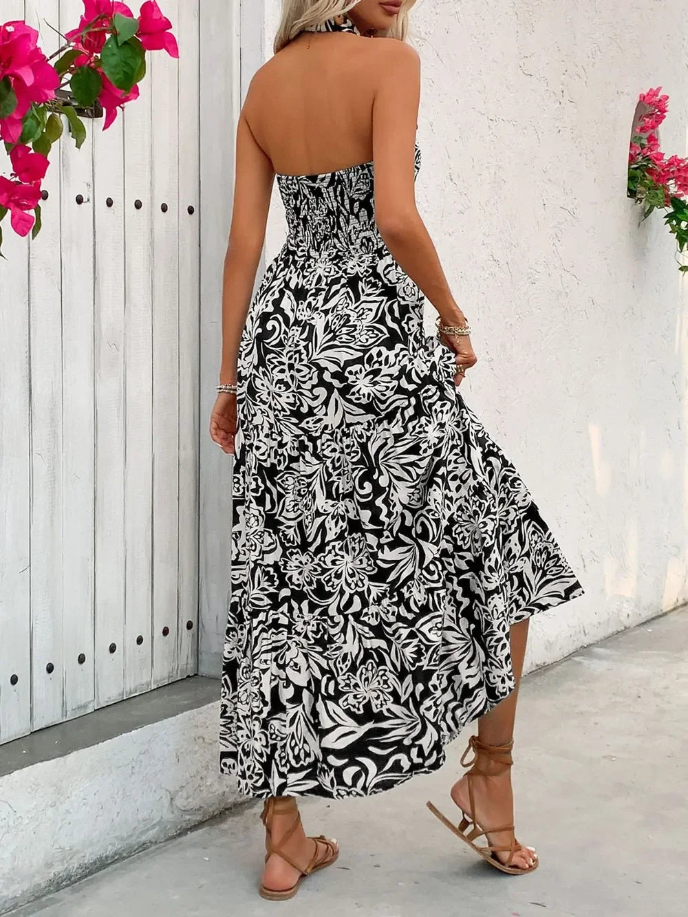 Halter Neck Backless Smocked Printed Sleeveless Midi Dress - Southern Shores Clothing