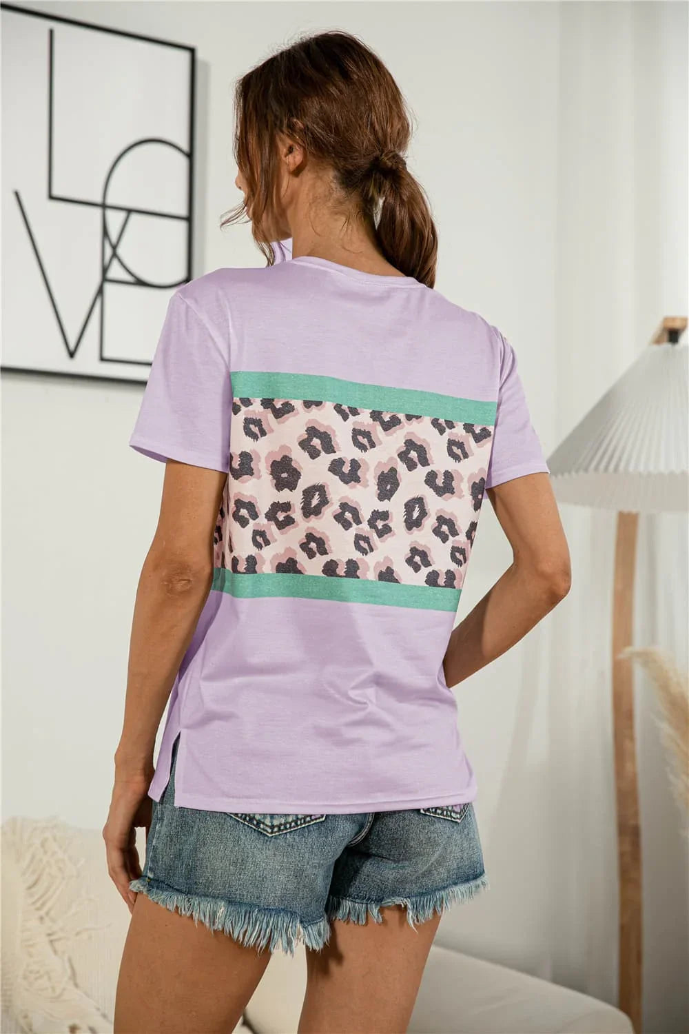 Leopard Print Side Slit Long T Shirt Round Neck Short Sleeve - Southern Shores Clothing