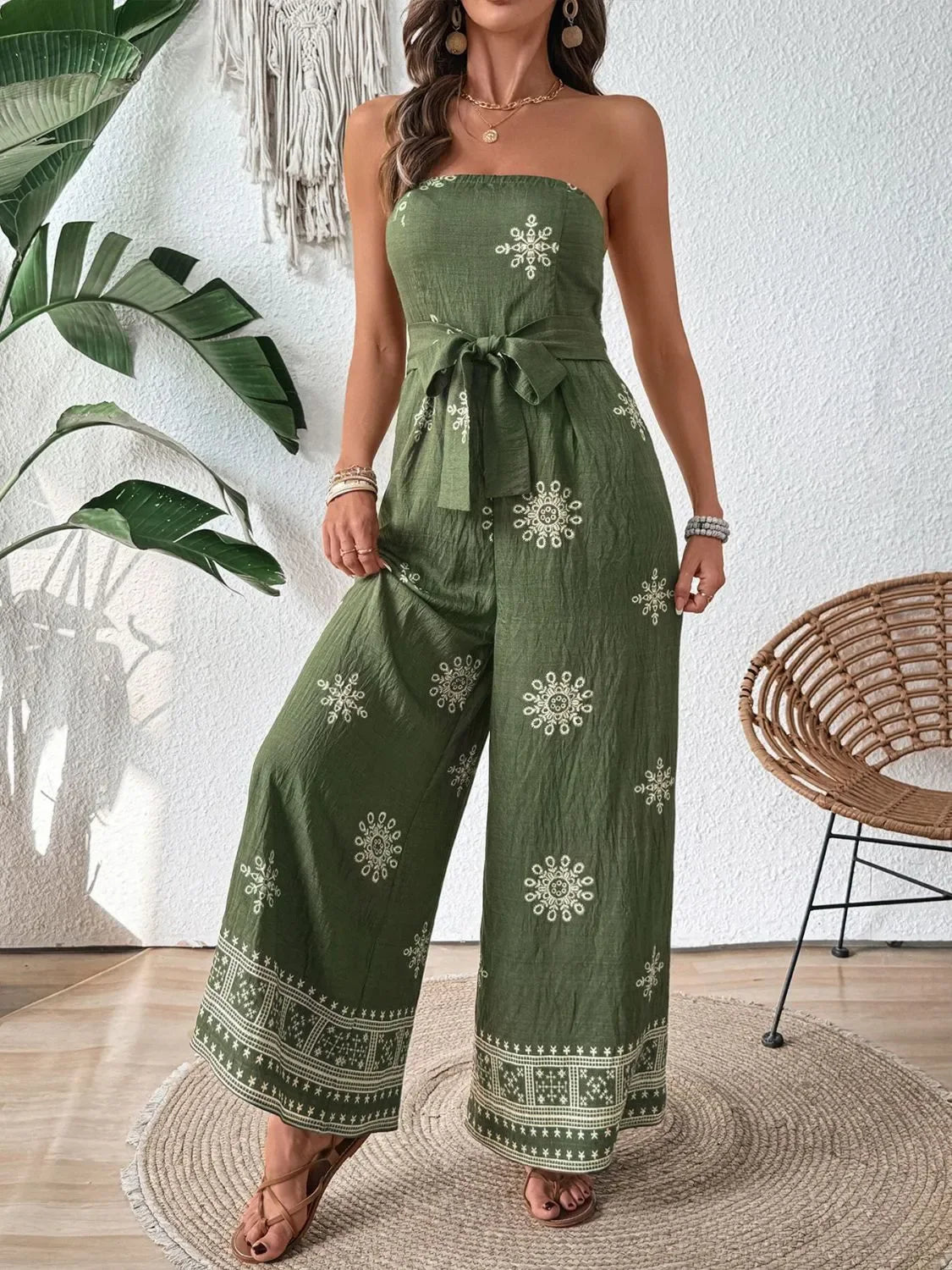Printed Strapless Wide Leg Jumpsuit With Tie Waist Detailing - Southern Shores Clothing
