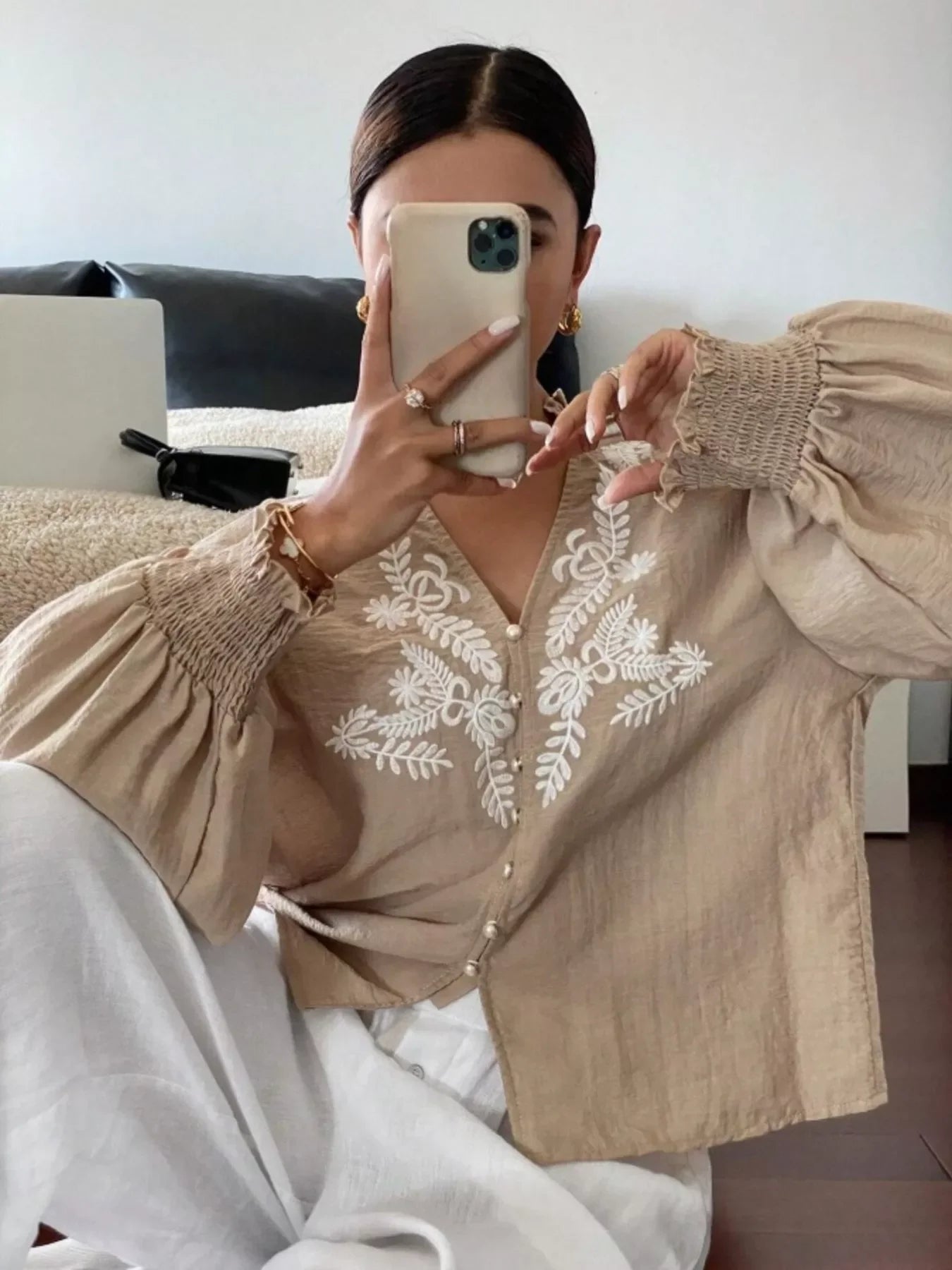 Southern Shores Elegant Embroidered Long Sleeve Buttoned Polyester Blouse With Je T'aime Design - Southern Shores Clothing
