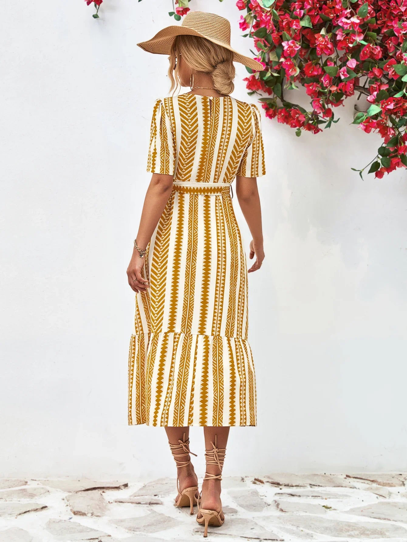 Striped Tie Belt Round Neck Puff Sleeve Dress - Southern Shores Clothing
