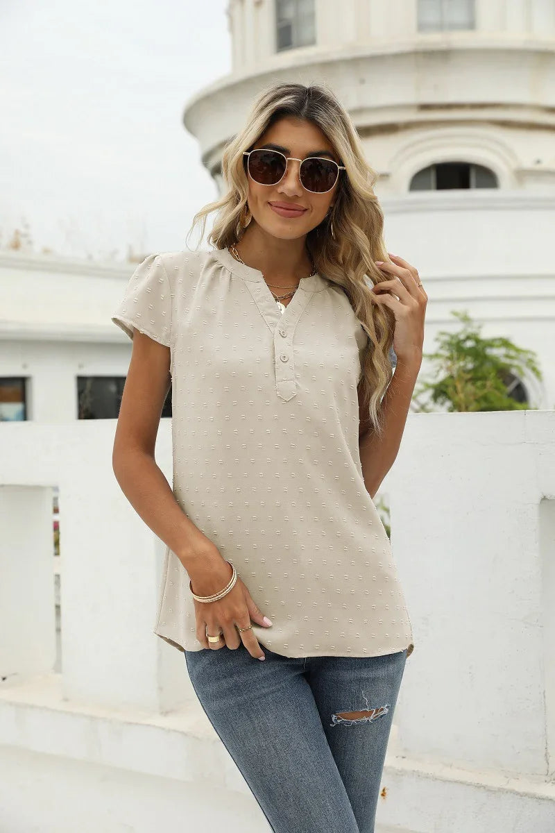Swiss Dot Notched Neck Short Sleeve Top Casual Wear - Southern Shores Clothing
