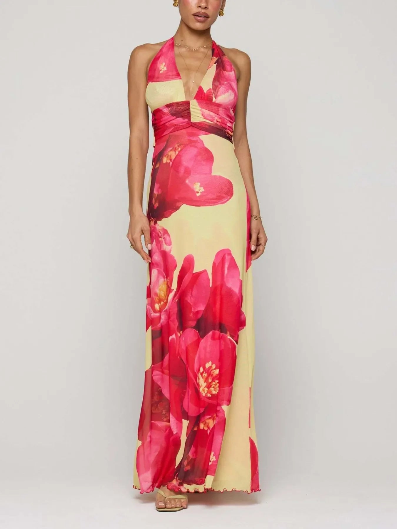 Floral Halter Neck Deep V Maxi Dress Beachwear - Southern Shores Clothing