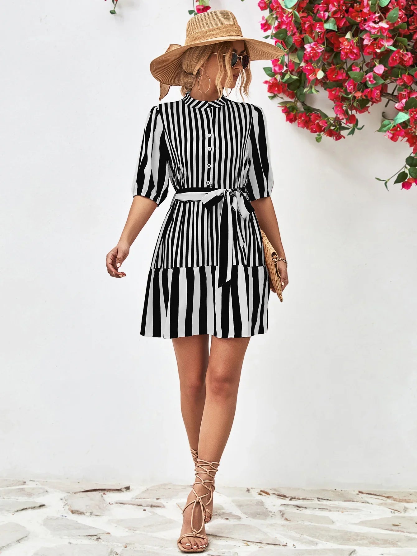 Striped Half Sleeve Tie Waist Mini Dress - Southern Shores Clothing