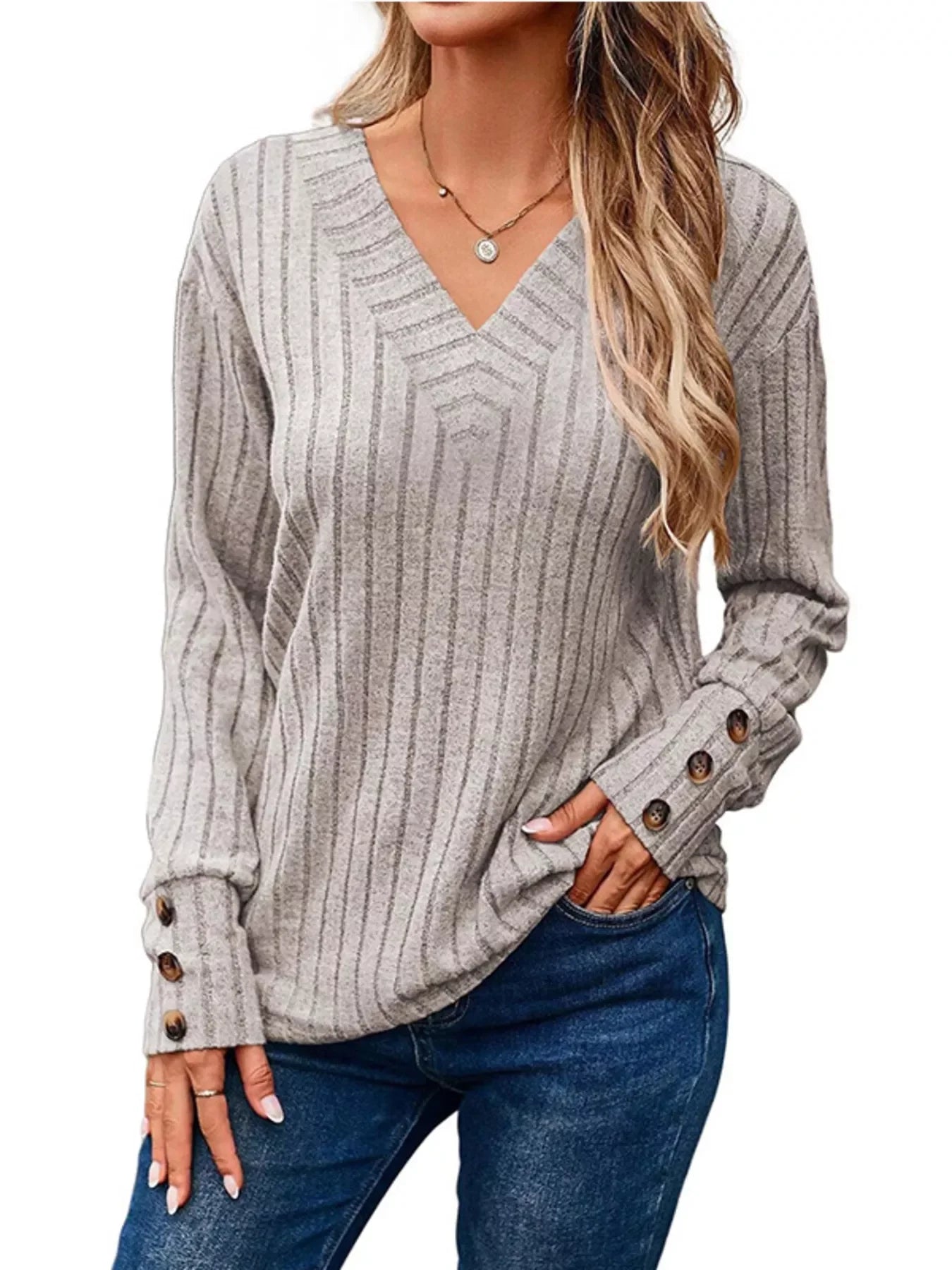 Ribbed V-Neck Long Sleeve Buttoned Stretchy Top - Southern Shores Clothing