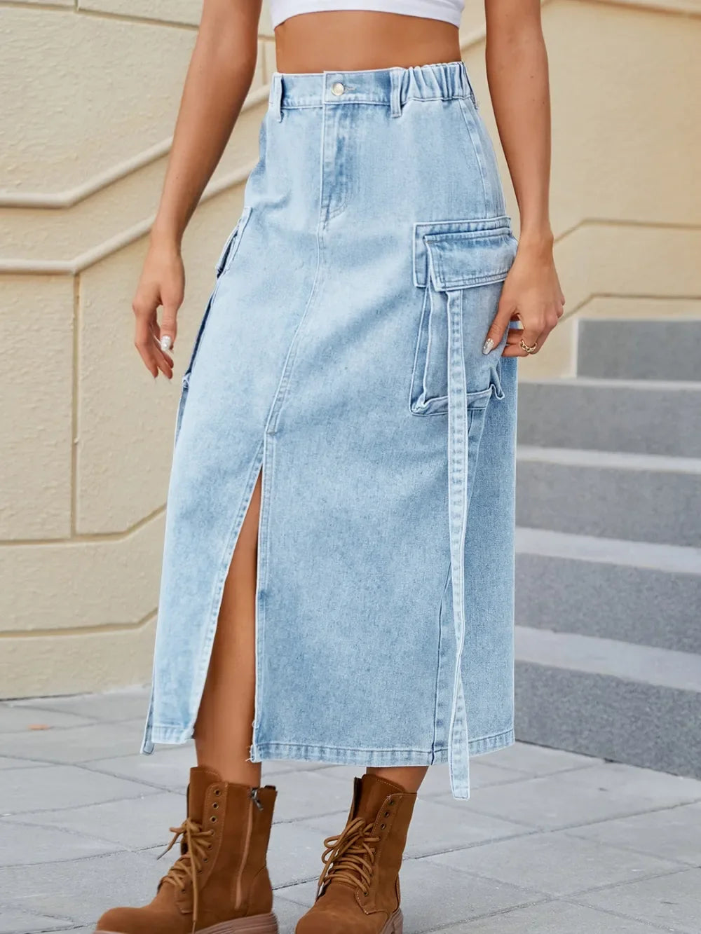 High Waist Denim Skirt With Slit And Pockets - Southern Shores Clothing