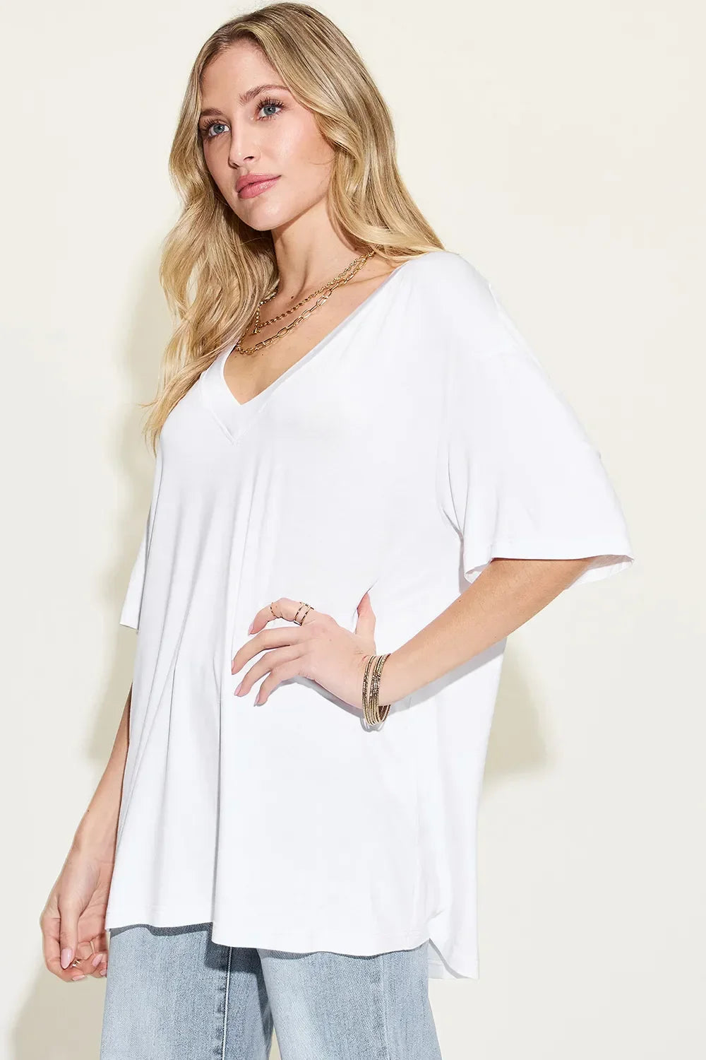 Basic Bae Full Size Bamboo V-Neck Drop Shoulder T-Shirt - Southern Shores Clothing