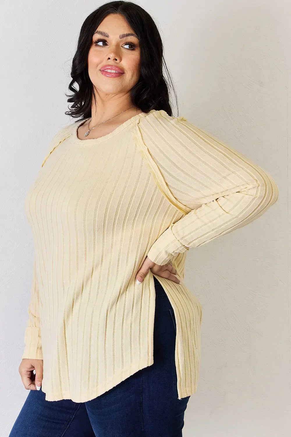 Ribbed Round Neck Slit T Shirt With Stretch - Southern Shores Clothing