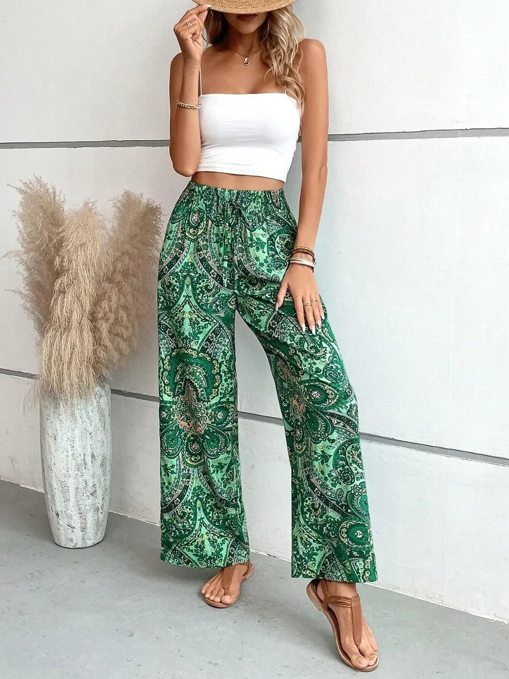 Printed Wide Leg Pants With Paisley Print Drawstring Waist - Southern Shores Clothing